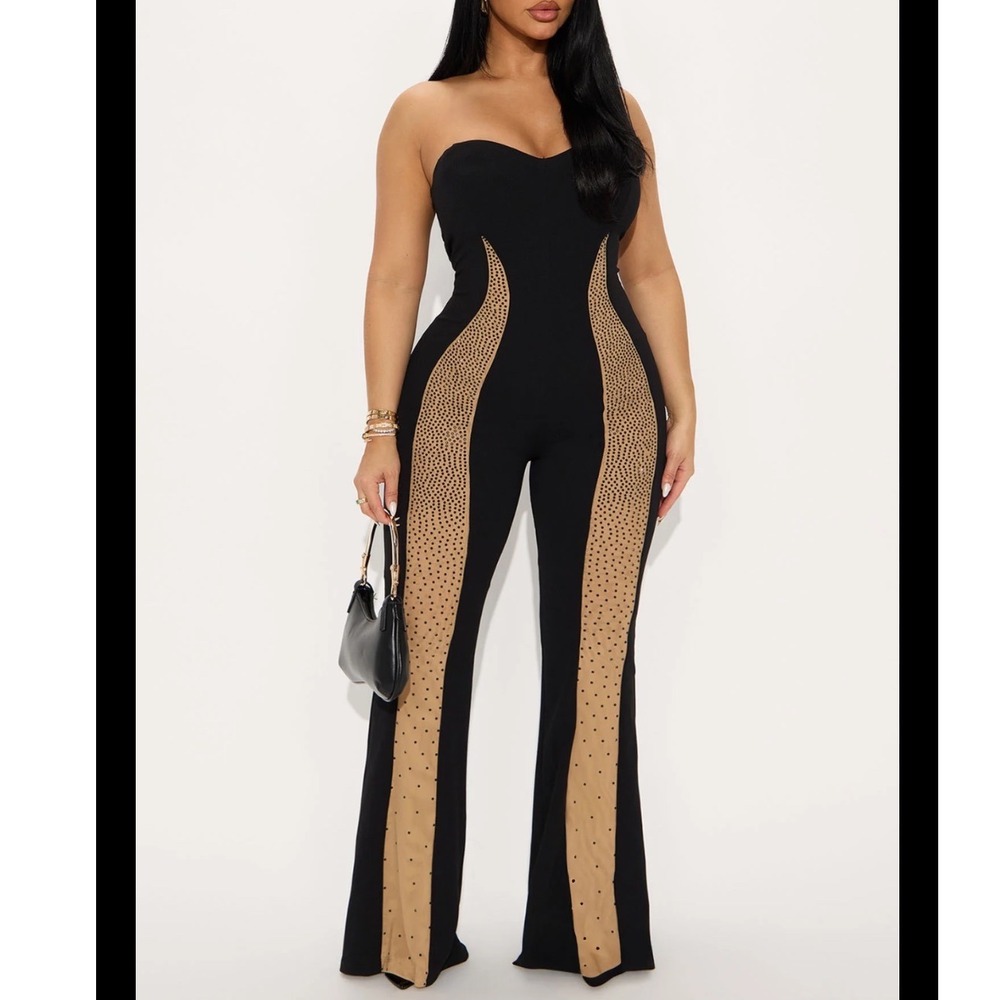 Fashion Nova Sleek Silhouette Rhinestone Flare Jumpsuit Black Tan Small NWT